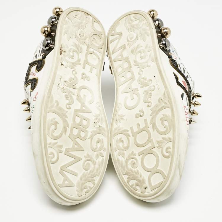 Pre Owned Dolce & Gabbana White Leather Portofino Graffiti Heart Applique Low top Sneakers Size 39