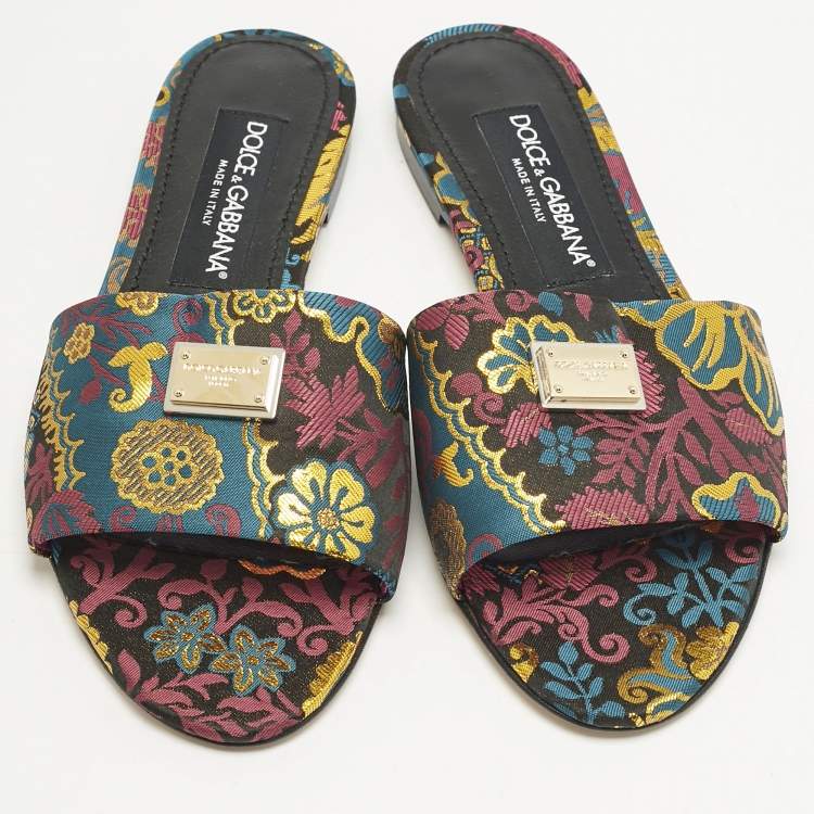 Pre Owned Dolce & Gabbana Multicolor Brocade Fabric Flat Slides Size 37