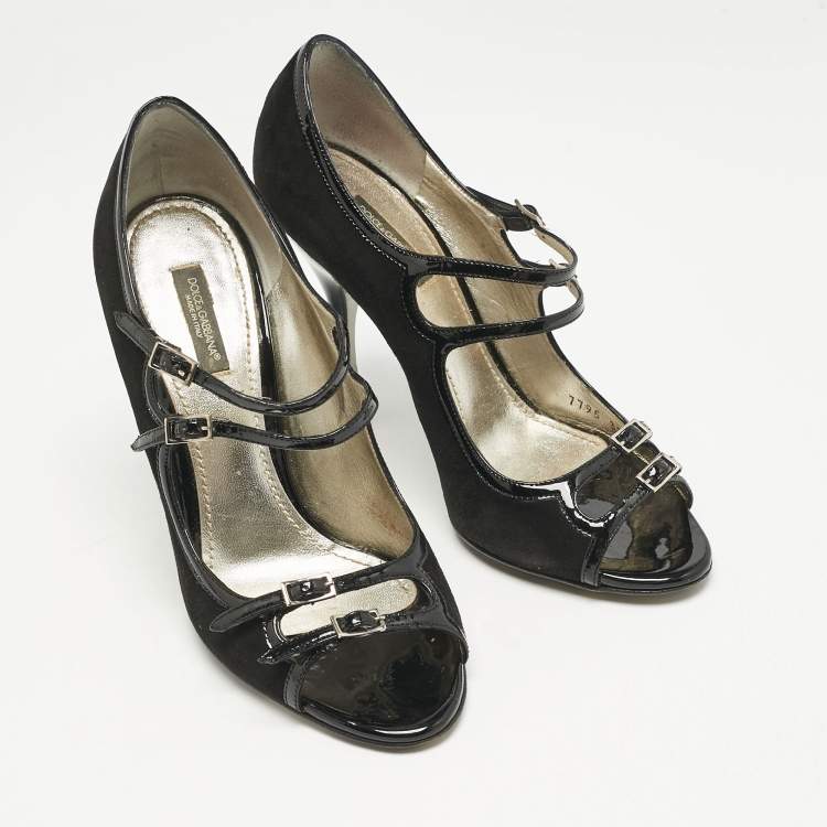 Pre Owned Dolce & Gabbana Black Suede and Patent Leather Mary Jane Pumps Size 37.5