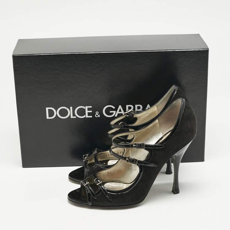 Pre Owned Dolce & Gabbana Black Suede and Patent Leather Mary Jane Pumps Size 37.5