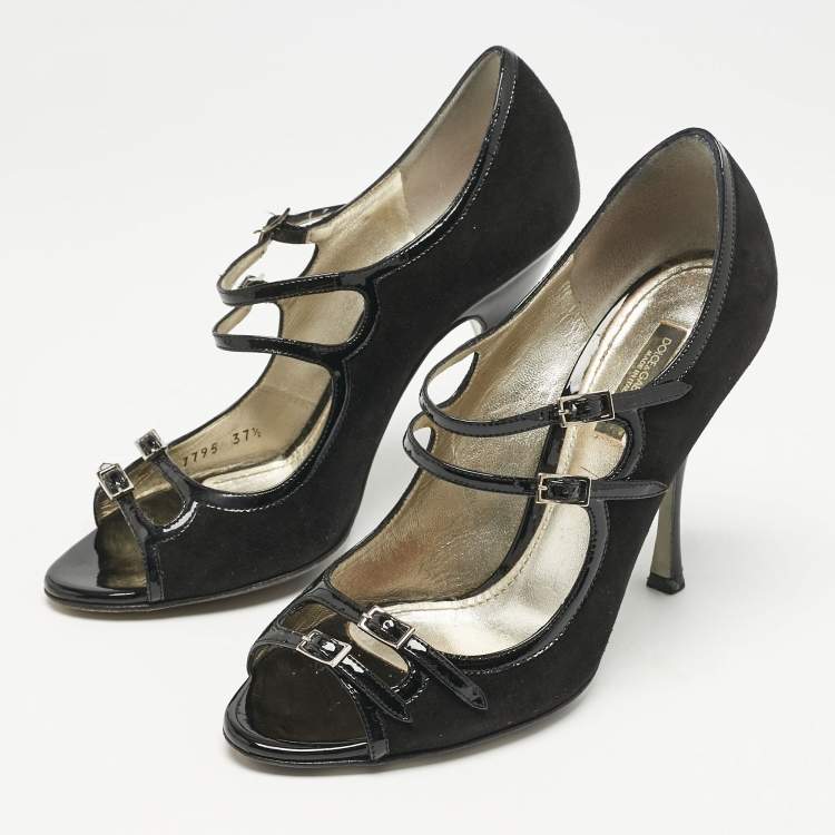 Pre Owned Dolce & Gabbana Black Suede and Patent Leather Mary Jane Pumps Size 37.5