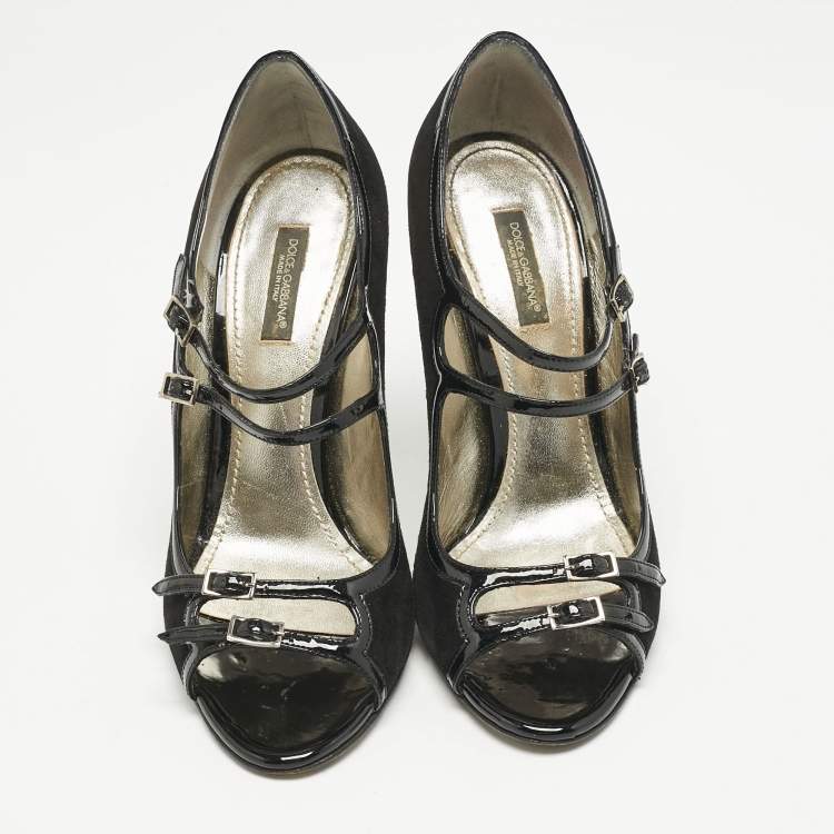 Pre Owned Dolce & Gabbana Black Suede and Patent Leather Mary Jane Pumps Size 37.5