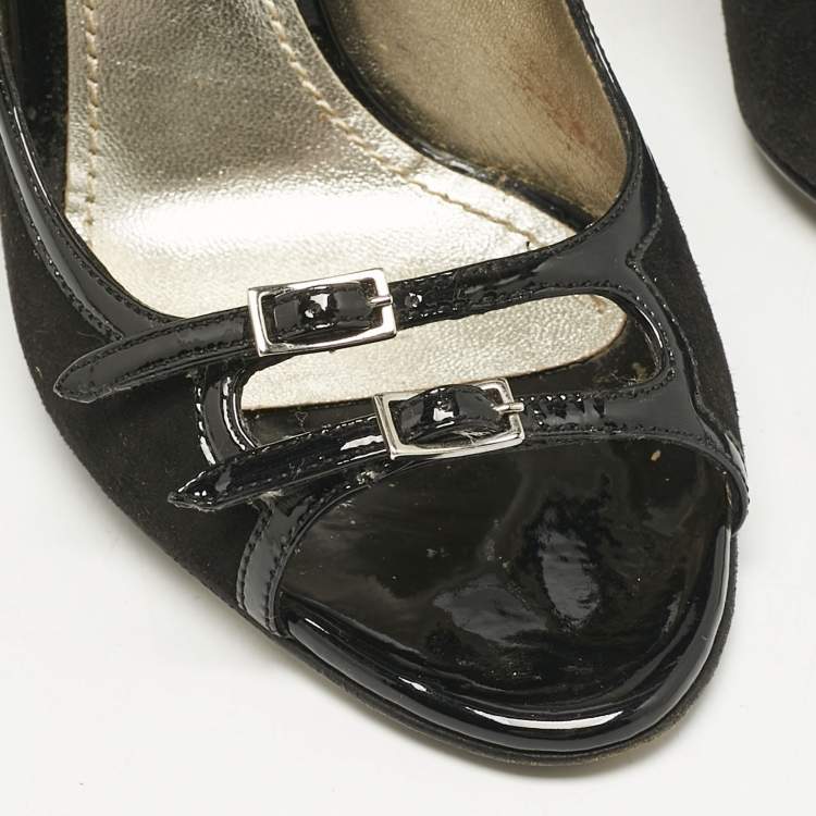Pre Owned Dolce & Gabbana Black Suede and Patent Leather Mary Jane Pumps Size 37.5