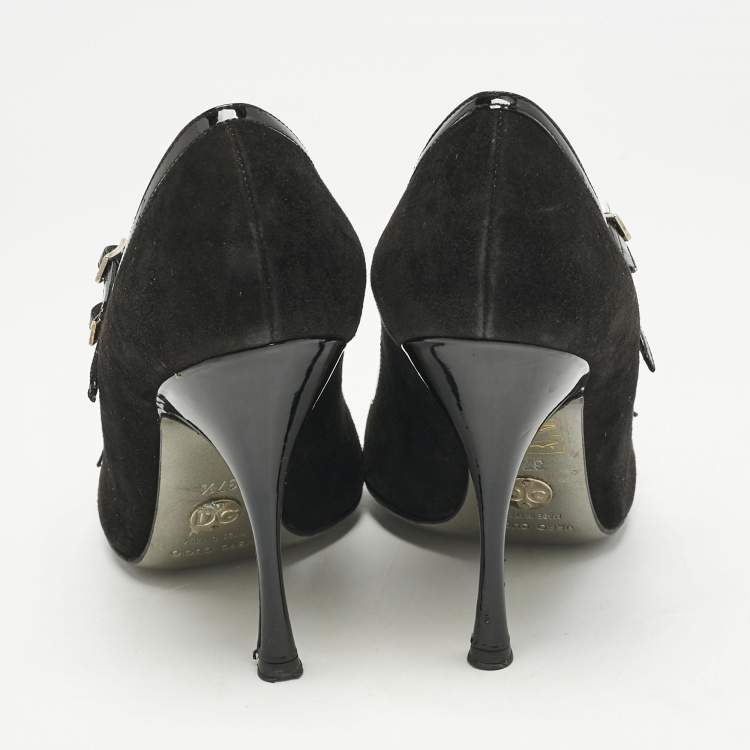 Pre Owned Dolce & Gabbana Black Suede and Patent Leather Mary Jane Pumps Size 37.5