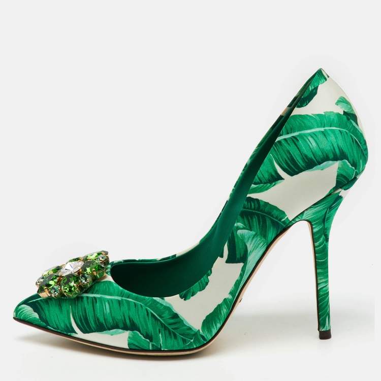 Pre Owned Dolce & Gabbana Multicolor Banana Leaf Print Satin Crystal Embellished Pumps Size 39