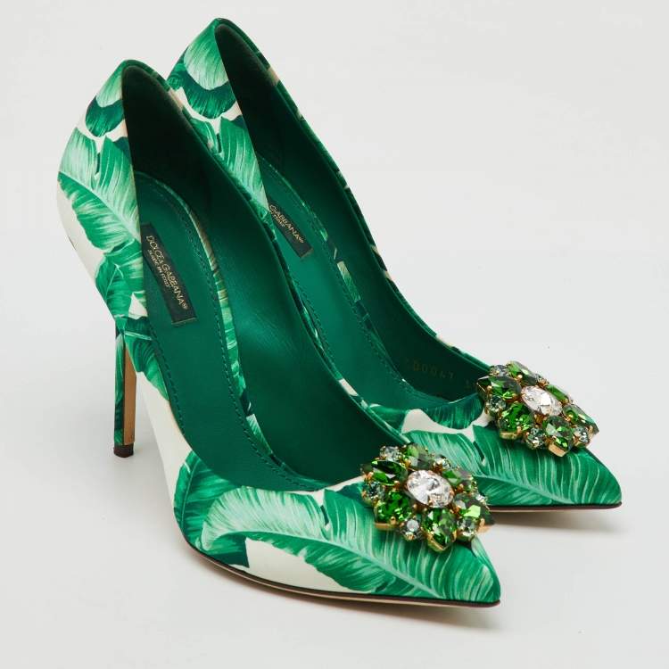 Pre Owned Dolce & Gabbana Multicolor Banana Leaf Print Satin Crystal Embellished Pumps Size 39