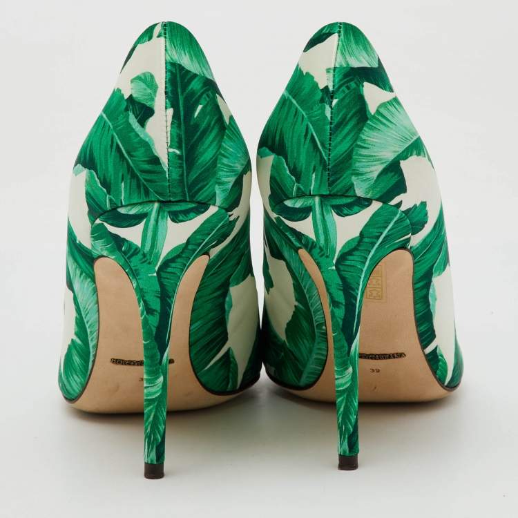 Pre Owned Dolce & Gabbana Multicolor Banana Leaf Print Satin Crystal Embellished Pumps Size 39