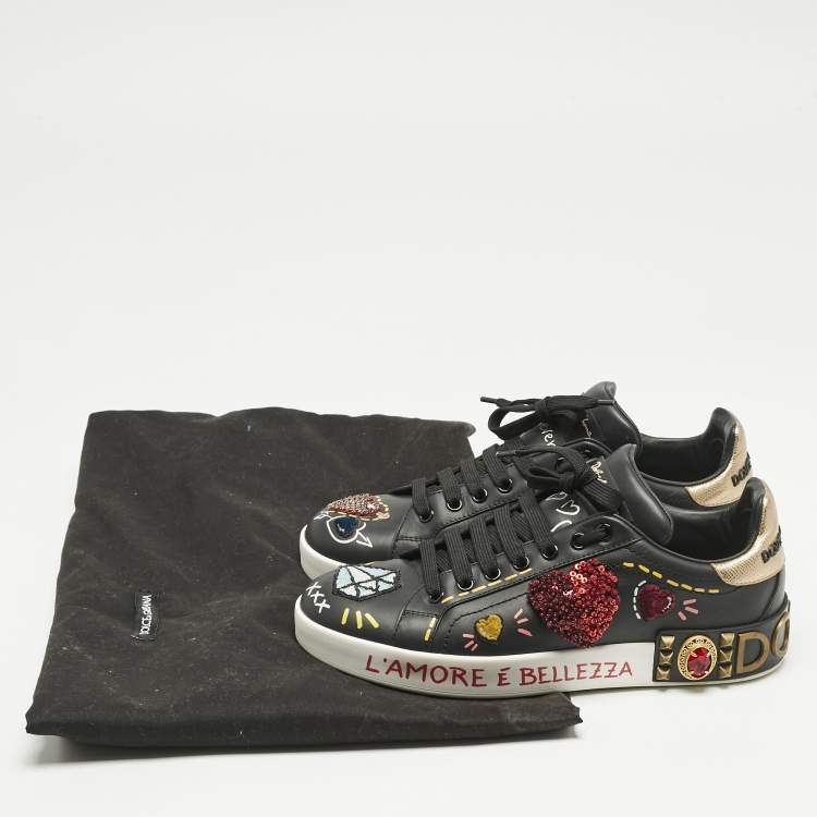 Pre Owned Dolce & Gabbana Black Leather Portofino Embellished Low Top Sneakers Size 39