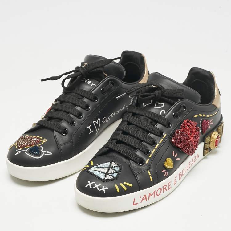 Pre Owned Dolce & Gabbana Black Leather Portofino Embellished Low Top Sneakers Size 39