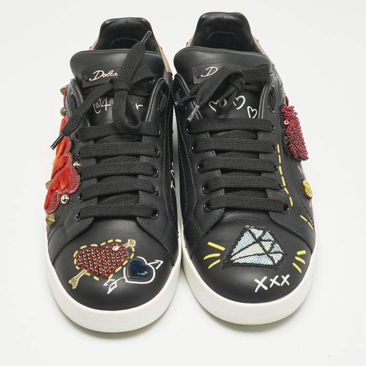 Pre Owned Dolce & Gabbana Black Leather Portofino Embellished Low Top Sneakers Size 39