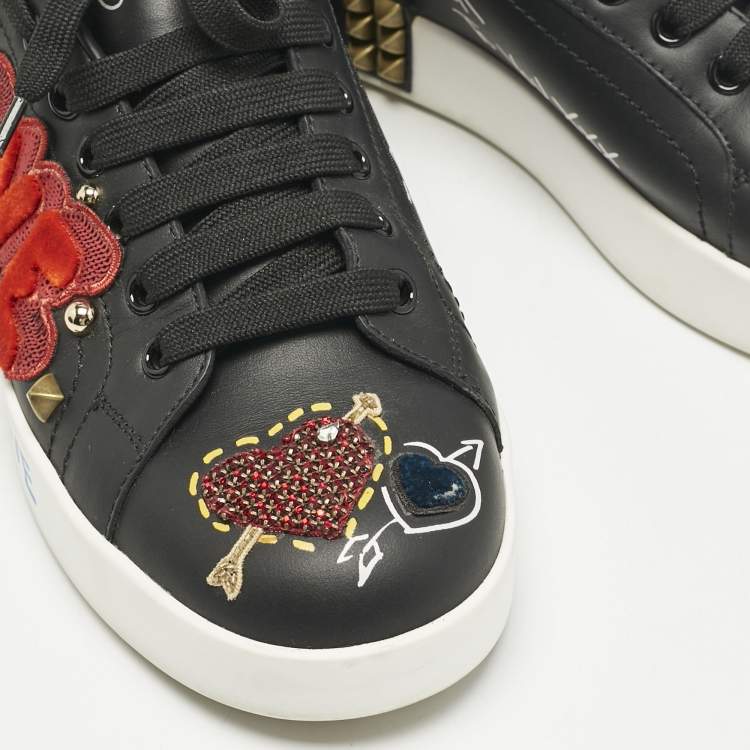 Pre Owned Dolce & Gabbana Black Leather Portofino Embellished Low Top Sneakers Size 39