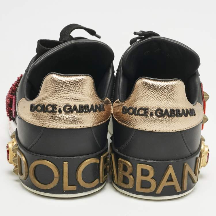Pre Owned Dolce & Gabbana Black Leather Portofino Embellished Low Top Sneakers Size 39