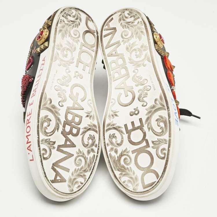 Pre Owned Dolce & Gabbana Black Leather Portofino Embellished Low Top Sneakers Size 39