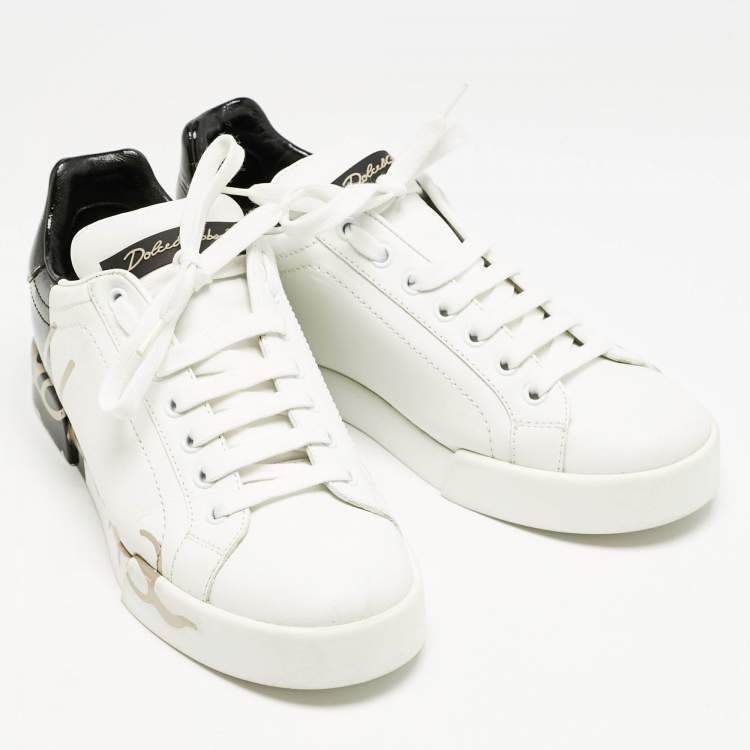 Pre Owned Dolce and Gabbana White/Black Leather Portofino Low Top Sneakers Size 38