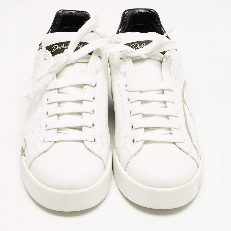 Pre Owned Dolce and Gabbana White/Black Leather Portofino Low Top Sneakers Size 38