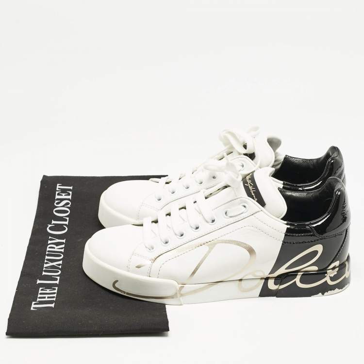 Pre Owned Dolce and Gabbana White/Black Leather Portofino Low Top Sneakers Size 38