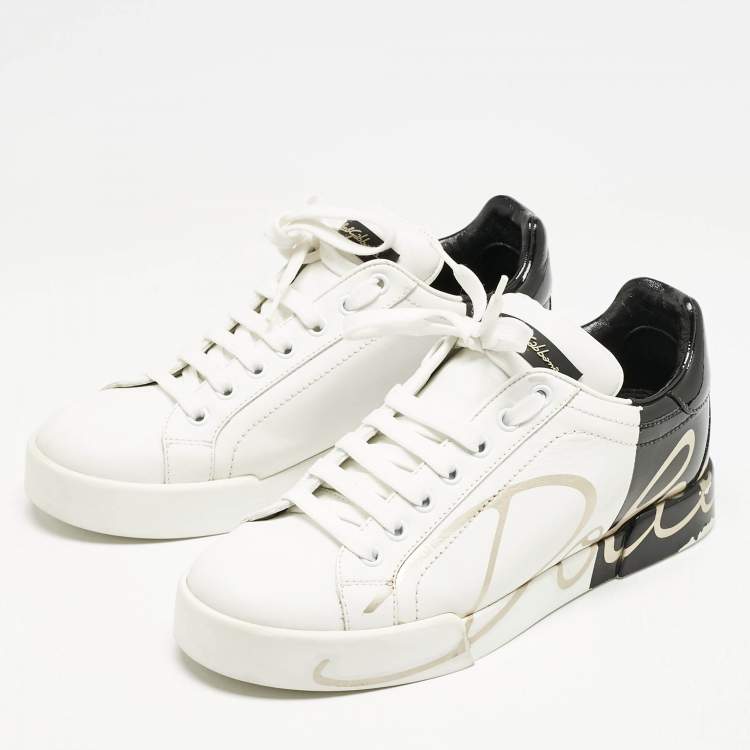 Pre Owned Dolce and Gabbana White/Black Leather Portofino Low Top Sneakers Size 38
