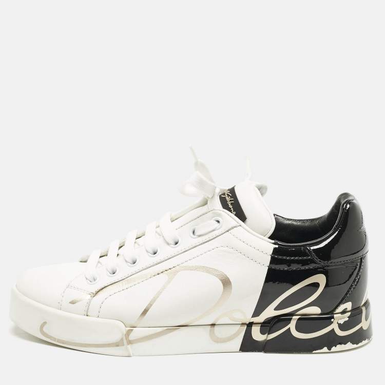 Pre Owned Dolce and Gabbana White/Black Leather Portofino Low Top Sneakers Size 38