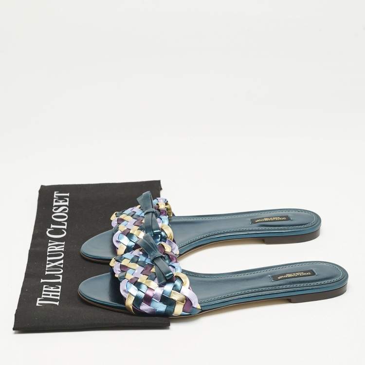 Pre Owned Dolce & Gabbana Multicolor Metallic Leather Woven Bow Flat Slide Sandals Size 40