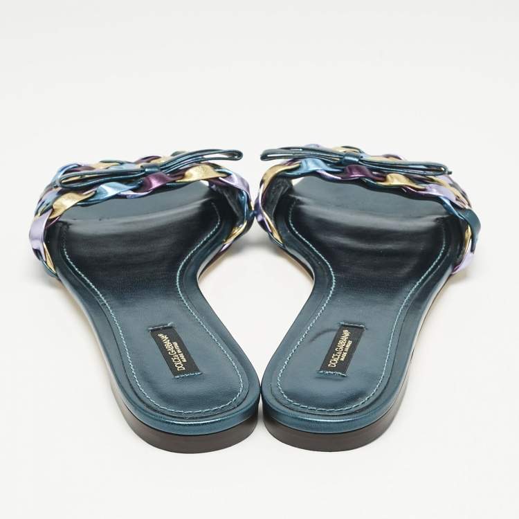 Pre Owned Dolce & Gabbana Multicolor Metallic Leather Woven Bow Flat Slide Sandals Size 40