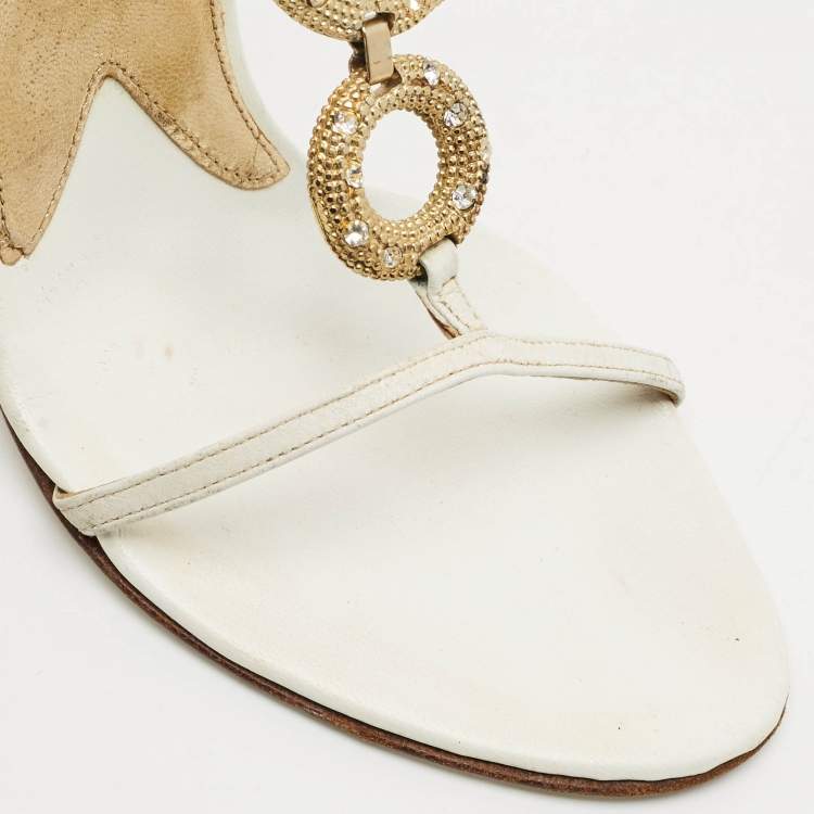 Pre Owned Dolce & Gabbana White Leather Crystal Embellished Wedge Sandals Size 38