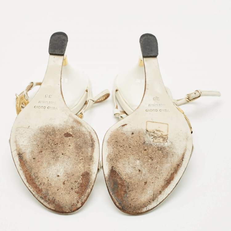 Pre Owned Dolce & Gabbana White Leather Crystal Embellished Wedge Sandals Size 38