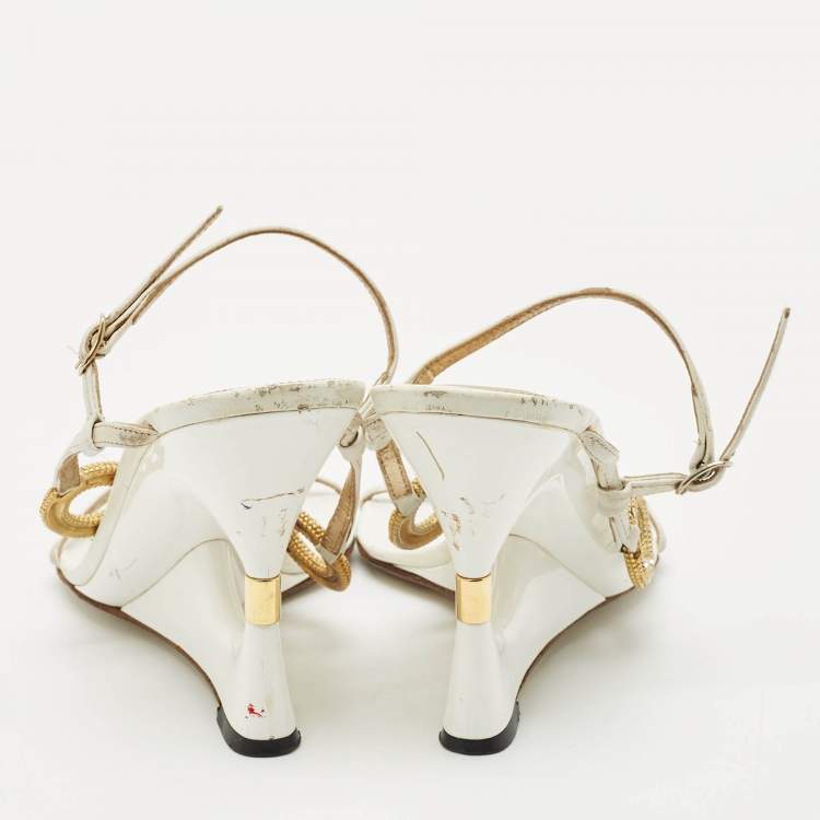 Pre Owned Dolce & Gabbana White Leather Crystal Embellished Wedge Sandals Size 38