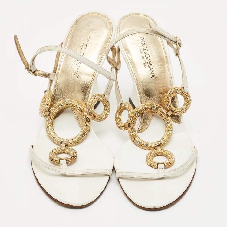 Pre Owned Dolce & Gabbana White Leather Crystal Embellished Wedge Sandals Size 38