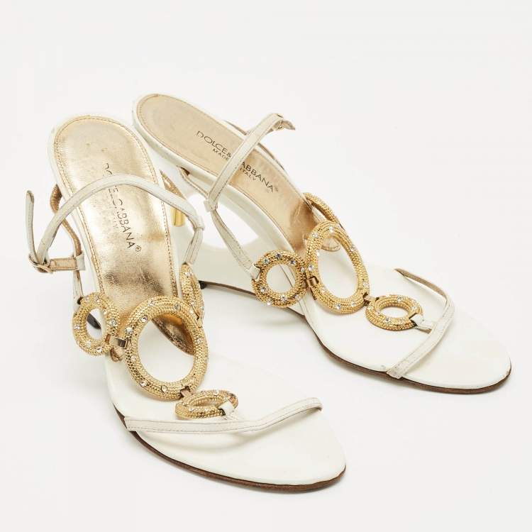 Pre Owned Dolce & Gabbana White Leather Crystal Embellished Wedge Sandals Size 38