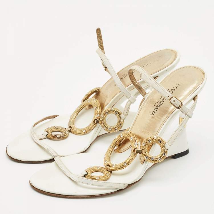 Pre Owned Dolce & Gabbana White Leather Crystal Embellished Wedge Sandals Size 38
