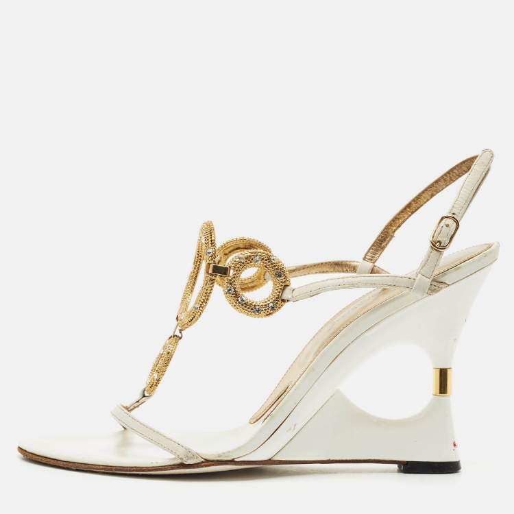 Pre Owned Dolce & Gabbana White Leather Crystal Embellished Wedge Sandals Size 38