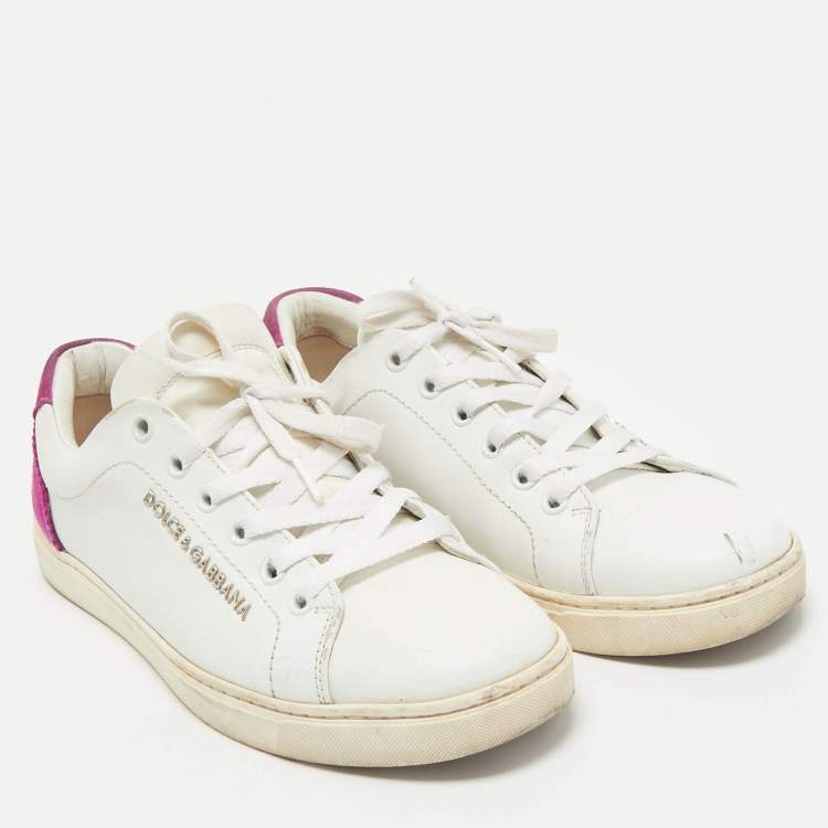Pre Owned Dolce & Gabbana White/Pink Leather and Suede Low Top Sneakers Size 37