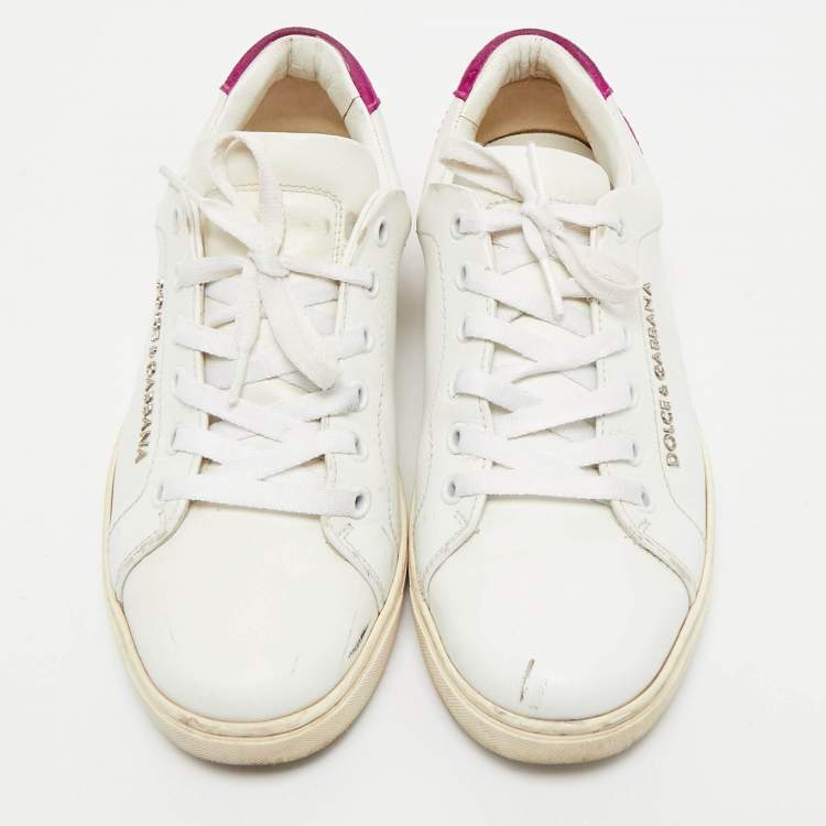 Pre Owned Dolce & Gabbana White/Pink Leather and Suede Low Top Sneakers Size 37