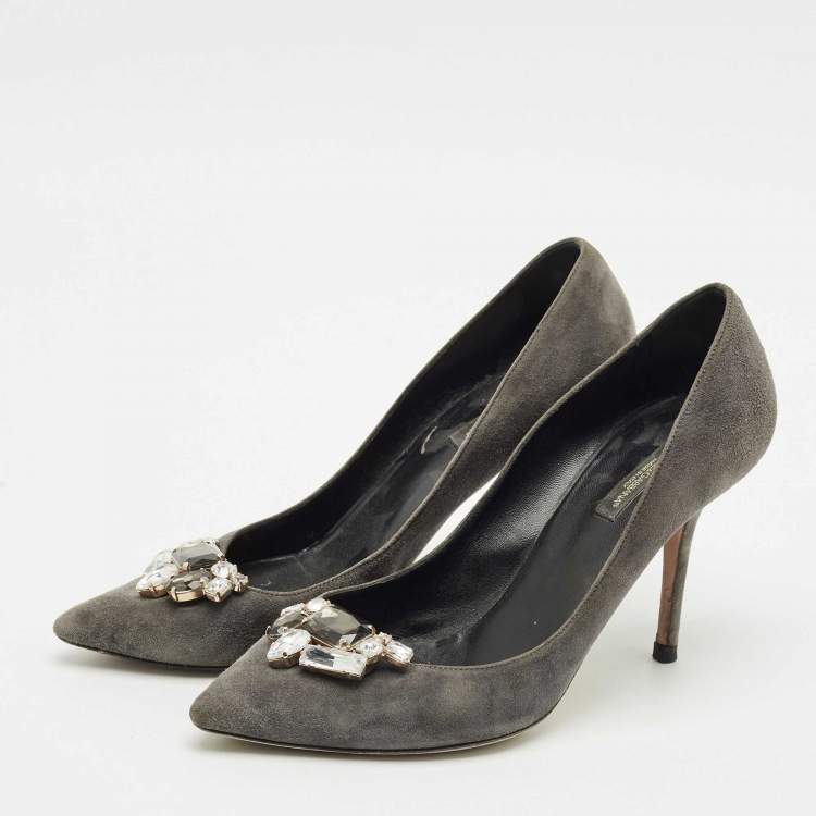 Pre Owned Dolce & Gabbana Grey Suede Crystal Embellished Pointed Toe Pumps Size 40
