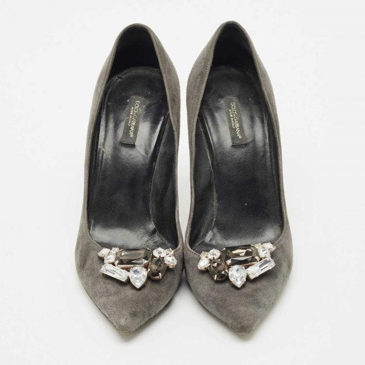 Pre Owned Dolce & Gabbana Grey Suede Crystal Embellished Pointed Toe Pumps Size 40