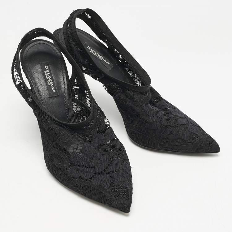 Pre Owned Dolce & Gabbana Black Lace Pointed Toe Slingback Pumps Size 38