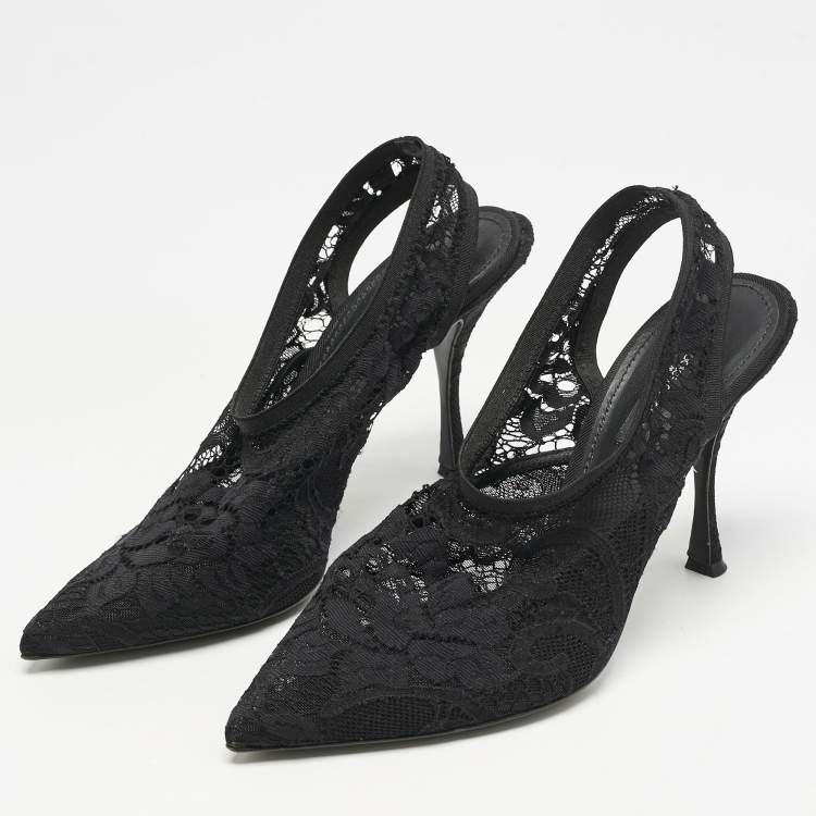 Pre Owned Dolce & Gabbana Black Lace Pointed Toe Slingback Pumps Size 38