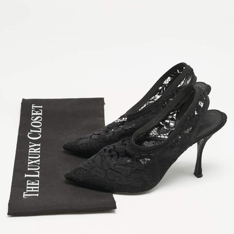 Pre Owned Dolce & Gabbana Black Lace Pointed Toe Slingback Pumps Size 38