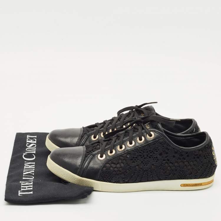 Pre Owned Dolce & Gabbana Black Lace and Leather Lace Up Sneakers Size 39
