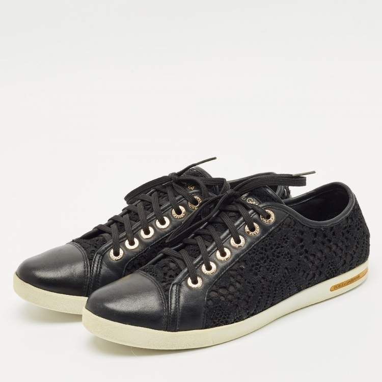Pre Owned Dolce & Gabbana Black Lace and Leather Lace Up Sneakers Size 39