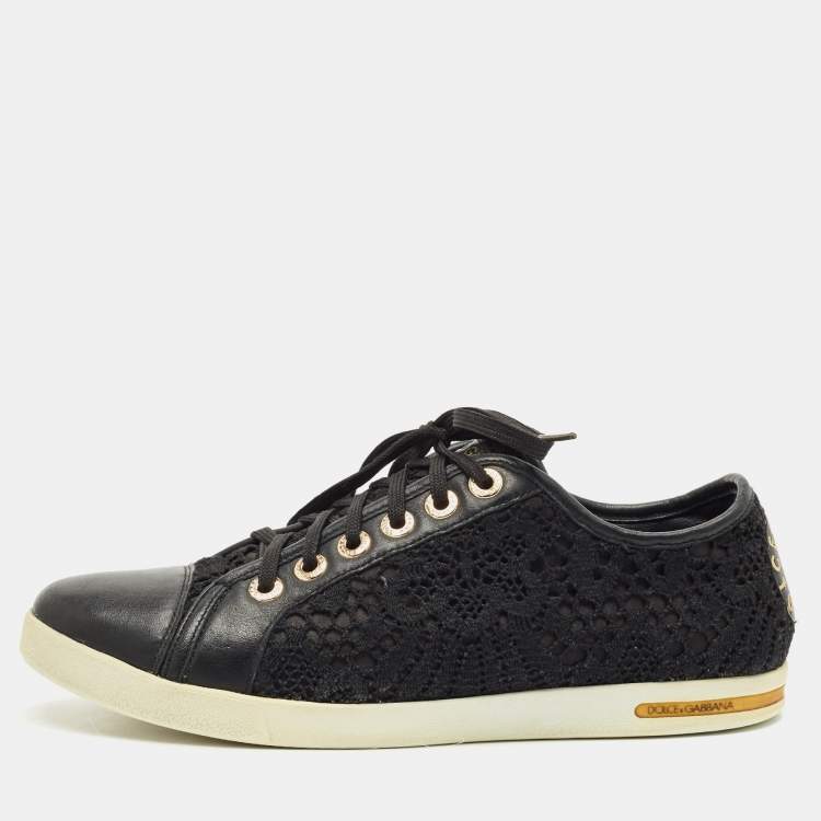 Pre Owned Dolce & Gabbana Black Lace and Leather Lace Up Sneakers Size 39