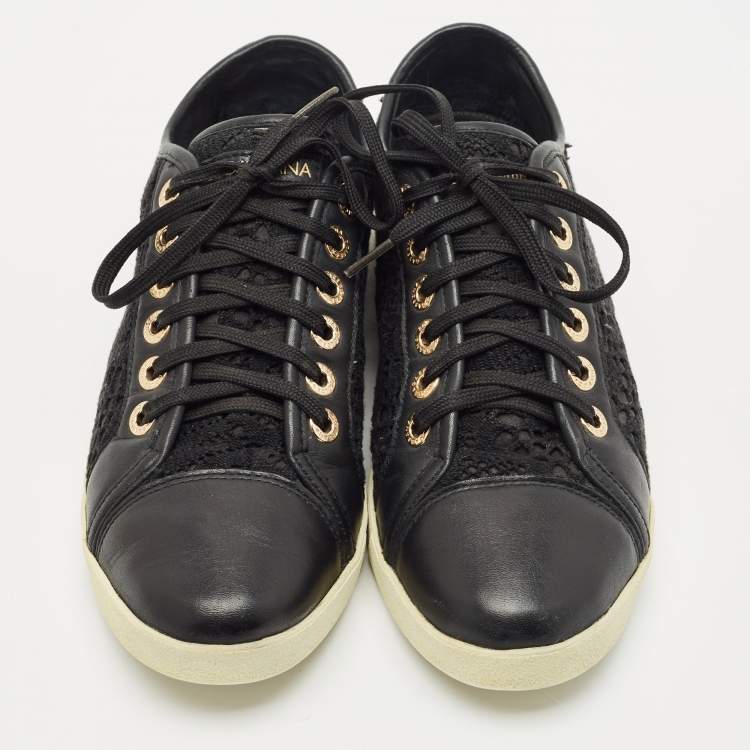 Pre Owned Dolce & Gabbana Black Lace and Leather Lace Up Sneakers Size 39