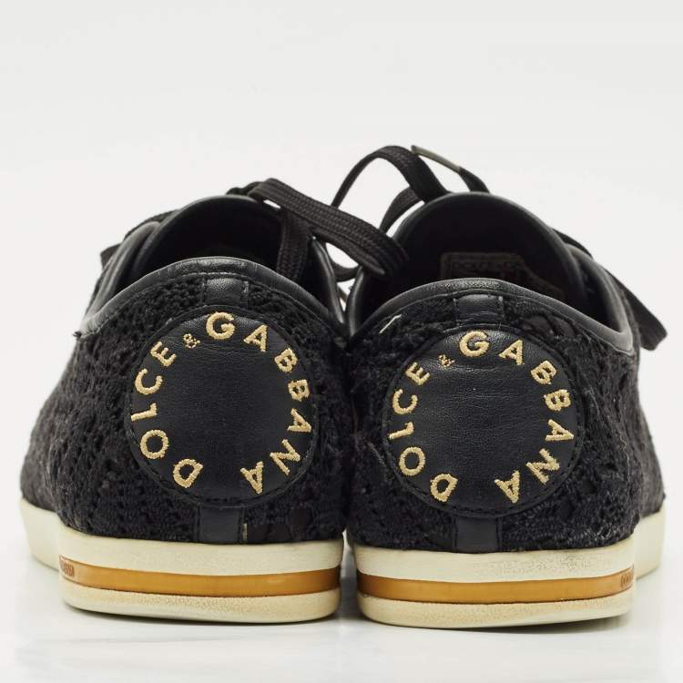 Pre Owned Dolce & Gabbana Black Lace and Leather Lace Up Sneakers Size 39