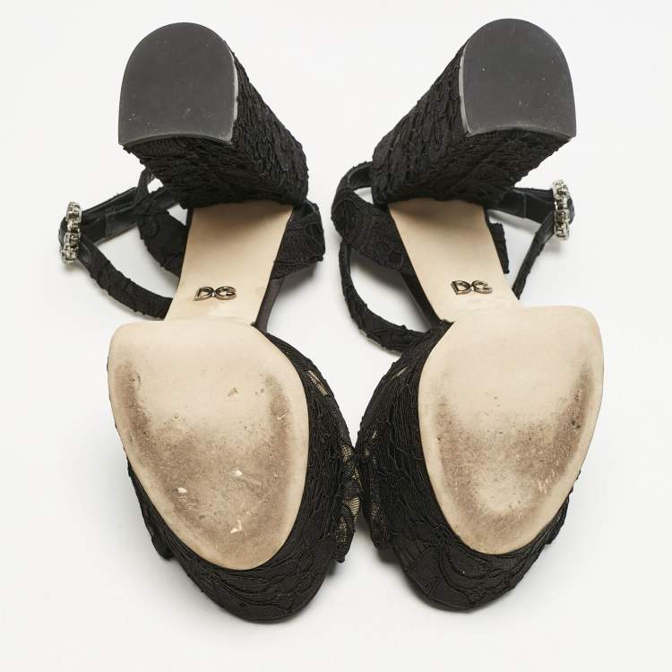 Pre Owned Dolce & Gabbana Black Lace and Mesh Crystal Platform Ankle Strap Sandals Size 40