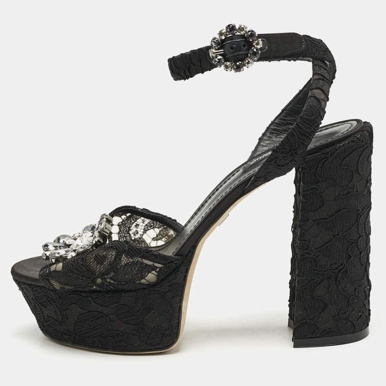 Pre Owned Dolce & Gabbana Black Lace and Mesh Crystal Platform Ankle Strap Sandals Size 40