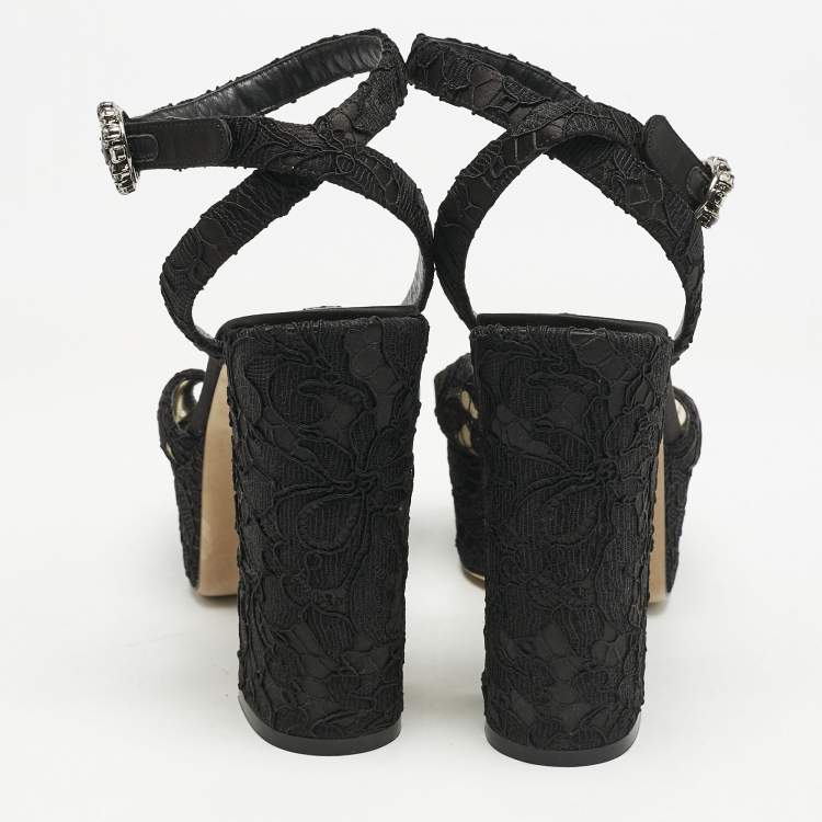 Pre Owned Dolce & Gabbana Black Lace and Mesh Crystal Platform Ankle Strap Sandals Size 40