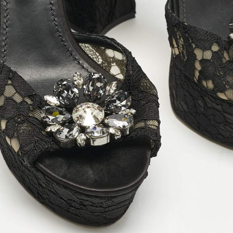 Pre Owned Dolce & Gabbana Black Lace and Mesh Crystal Platform Ankle Strap Sandals Size 40