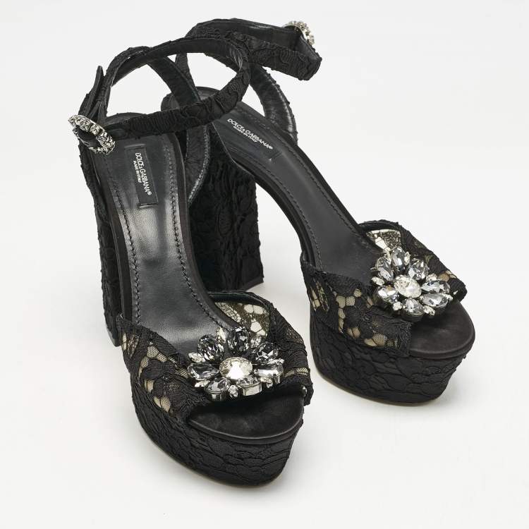 Pre Owned Dolce & Gabbana Black Lace and Mesh Crystal Platform Ankle Strap Sandals Size 40