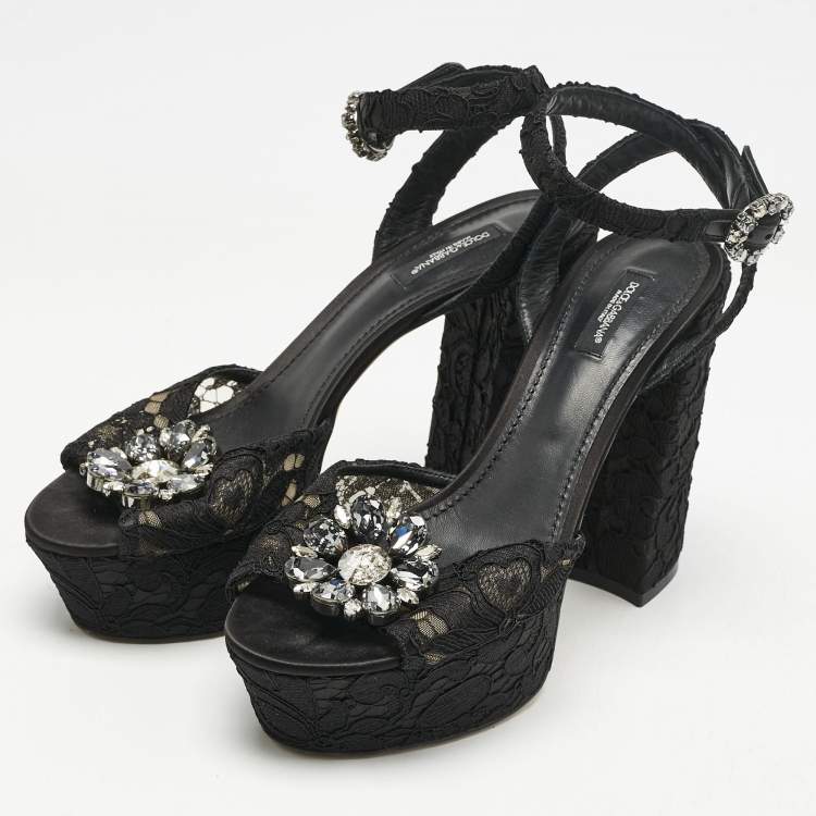Pre Owned Dolce & Gabbana Black Lace and Mesh Crystal Platform Ankle Strap Sandals Size 40