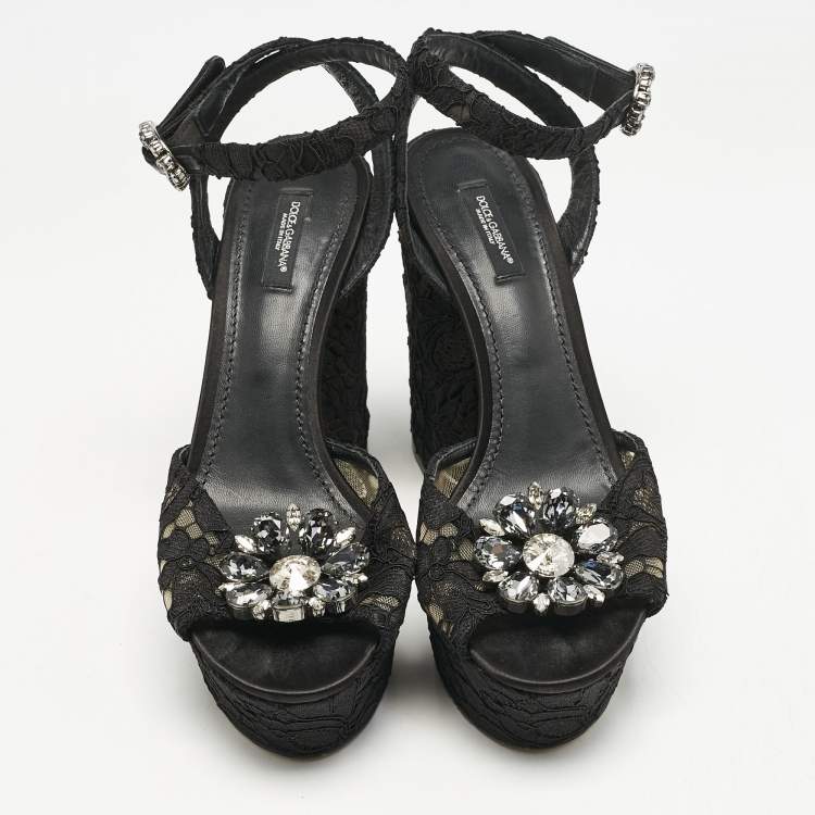 Pre Owned Dolce & Gabbana Black Lace and Mesh Crystal Platform Ankle Strap Sandals Size 40